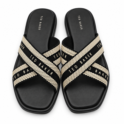 Ted Baker Womens Slide Sandals Size 10 Black Ivory Criss Cross Logo Flat Shoes