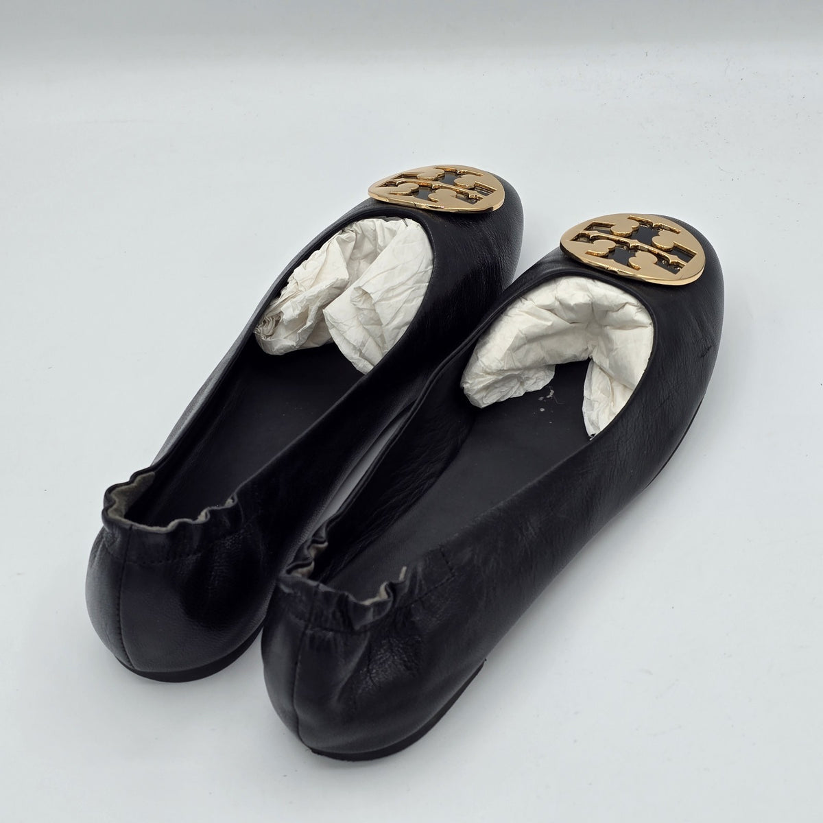 Tory Burch Claire Ballet Flats Women's Leather Black Gold Logo Size 9
