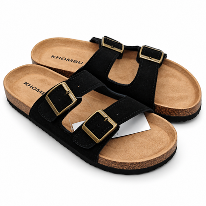 Khombu Ashville Women's Size 7 Black Suede Double Buckle Slide Sandals