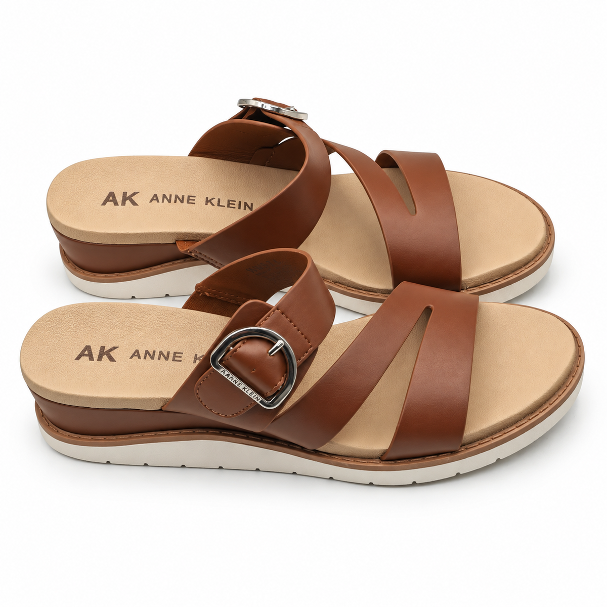 Anne Klein Lalasa Womens Cognac Buckle Slide Sandals iFlex Low Wedge Pick Size