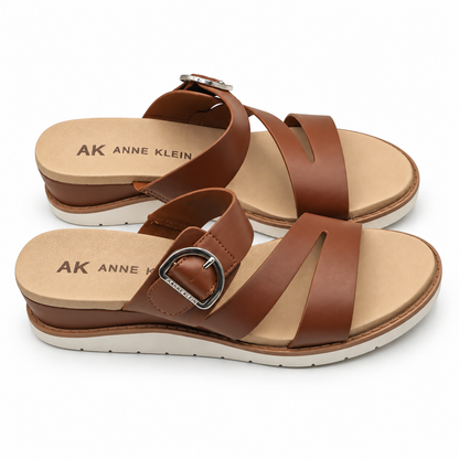 Anne Klein Lalasa Womens Cognac Buckle Slide Sandals iFlex Low Wedge Pick Size