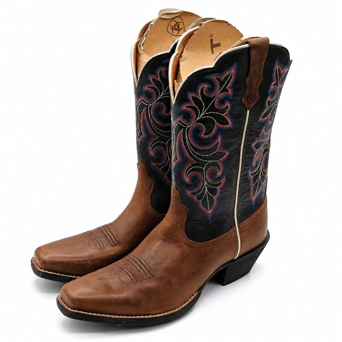 Ariat(R) Round Up Square Toe Western Cowboy Boots Brown Blue Women's 11 B 10040446