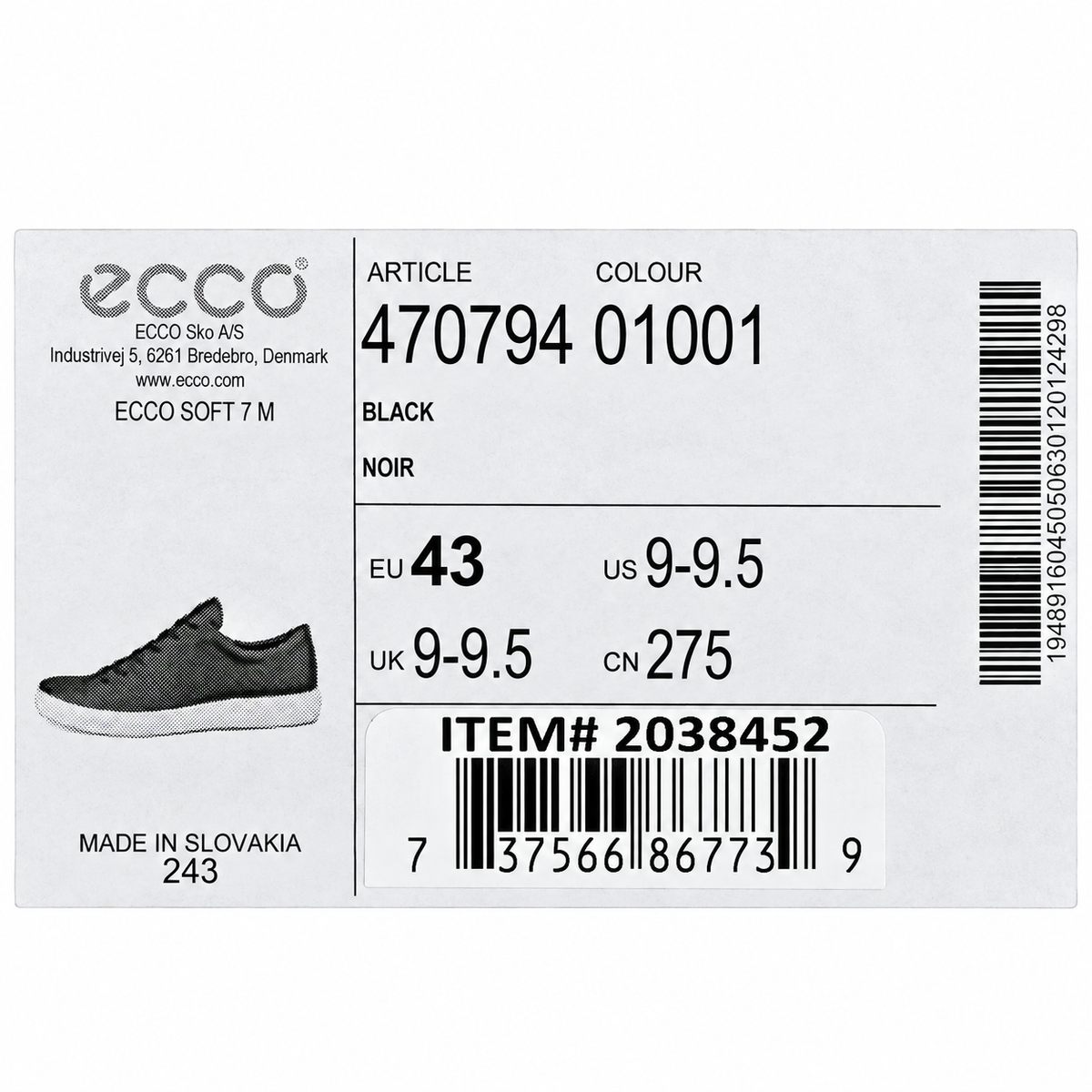 ECCO Soft 7 Men's Black Leather Low Top Casual Sneakers Comfort US 9 470794