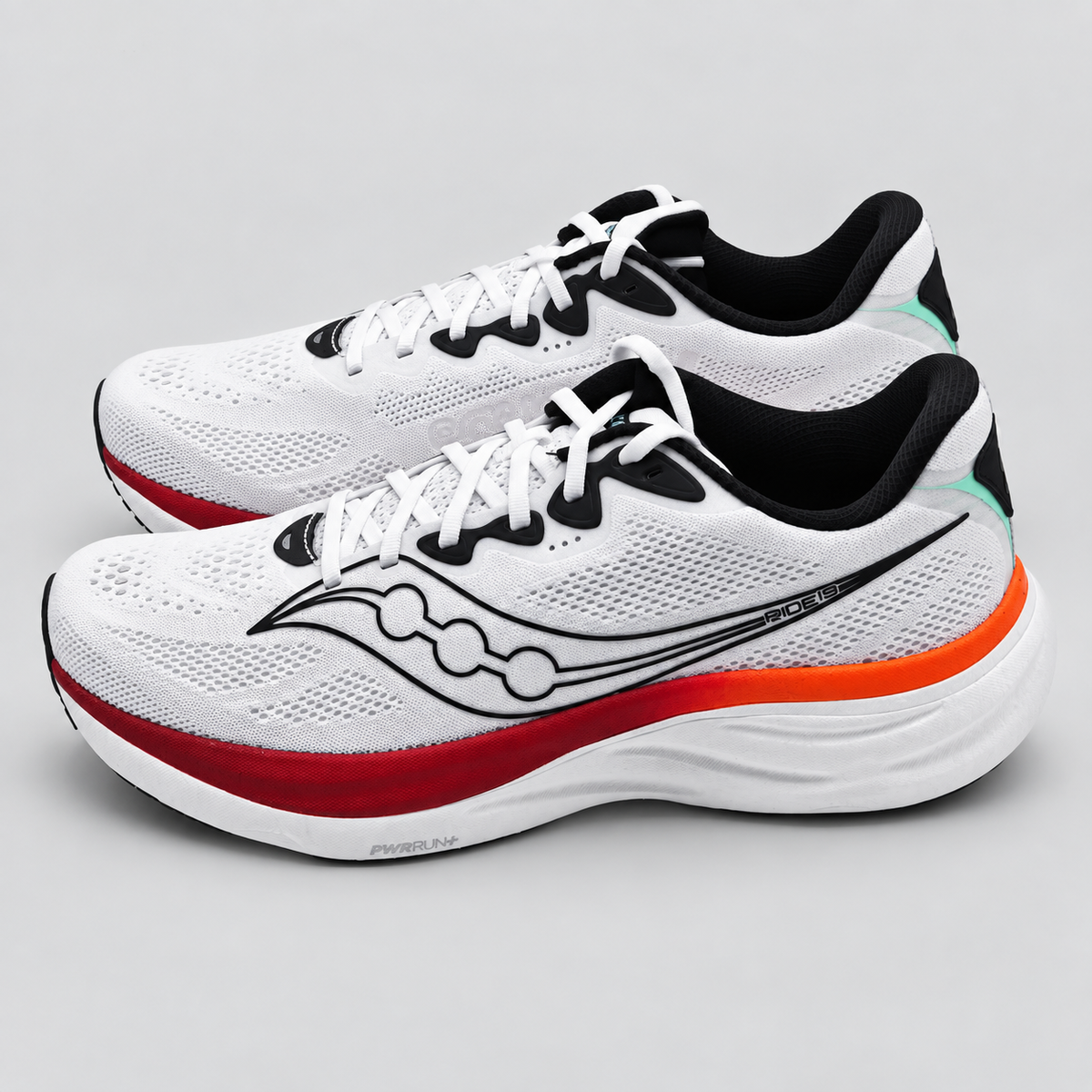 Saucony Ride 19 Mens 11 White Crimson PWRRUN+ Neutral Road Running Mesh Sneakers