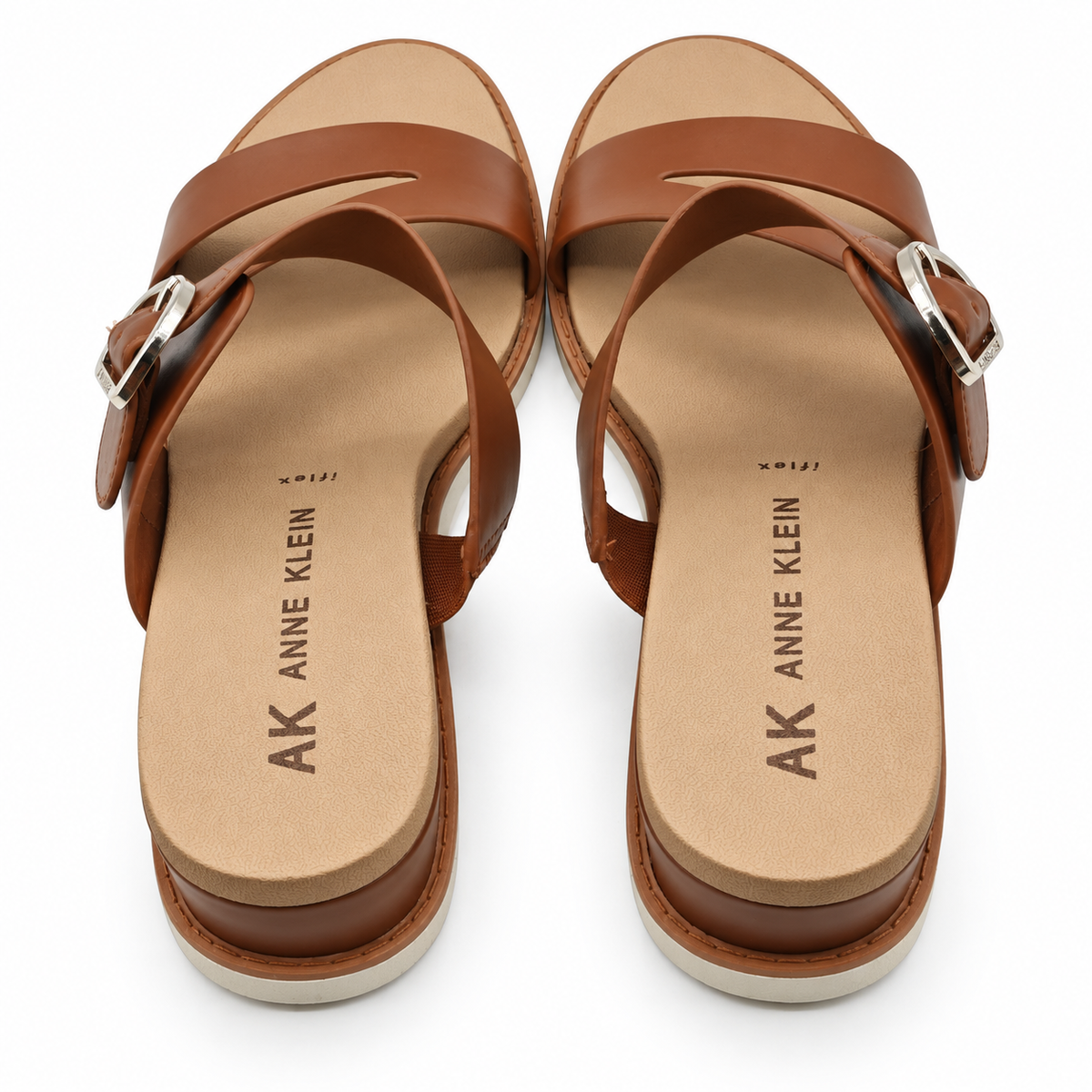 Anne Klein Lalasa Womens Cognac Buckle Slide Sandals iFlex Low Wedge Pick Size