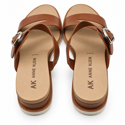 Anne Klein Lalasa Womens Cognac Buckle Slide Sandals iFlex Low Wedge Pick Size