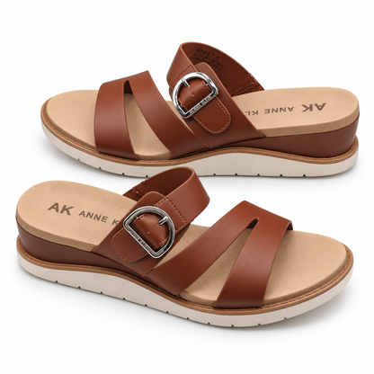 Anne Klein Lalasa Womens Cognac Buckle Slide Sandals iFlex Low Wedge Pick Size