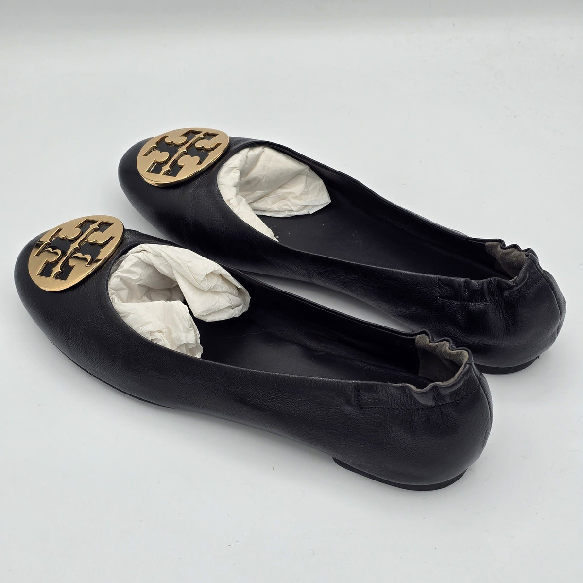 Tory Burch Claire Ballet Flats Women's Leather Black Gold Logo Size 9