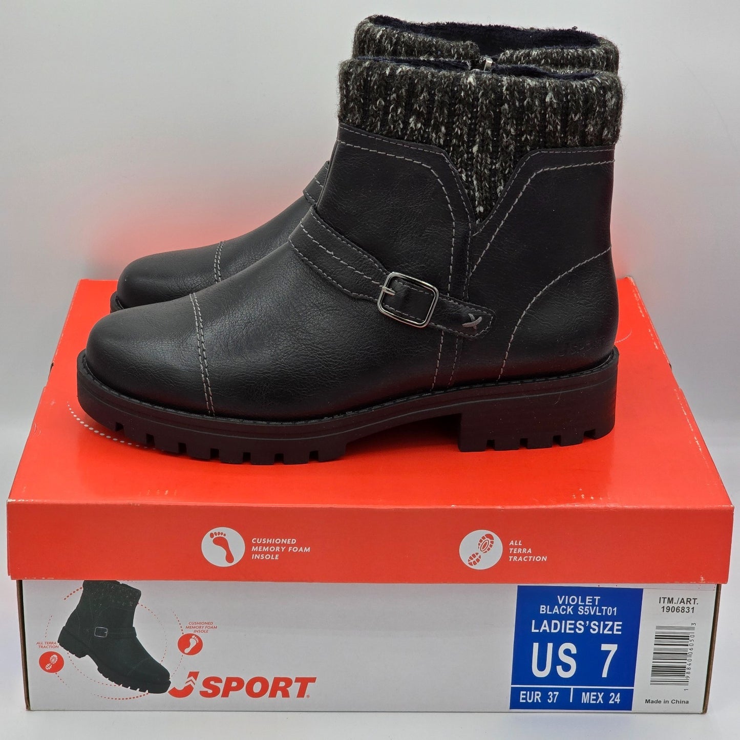 JSport Womens Violet Black Boots with Knit Cuff and Memory Foam Comfort