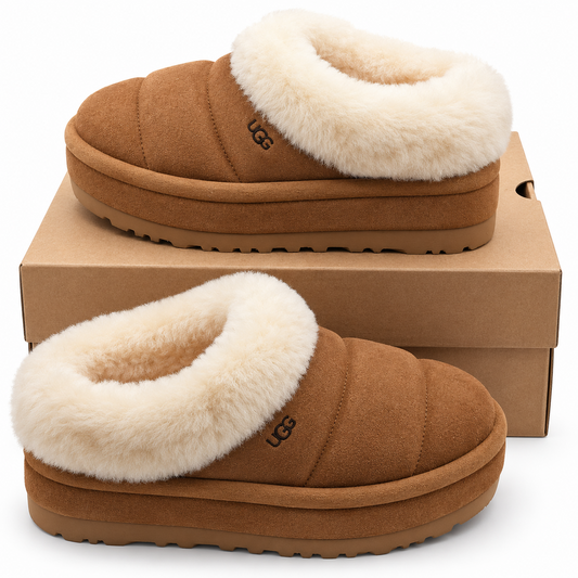 UGG Tazzlita Women's 10 Chestnut Suede Platform Slippers Sheepskin 1146390-CHE