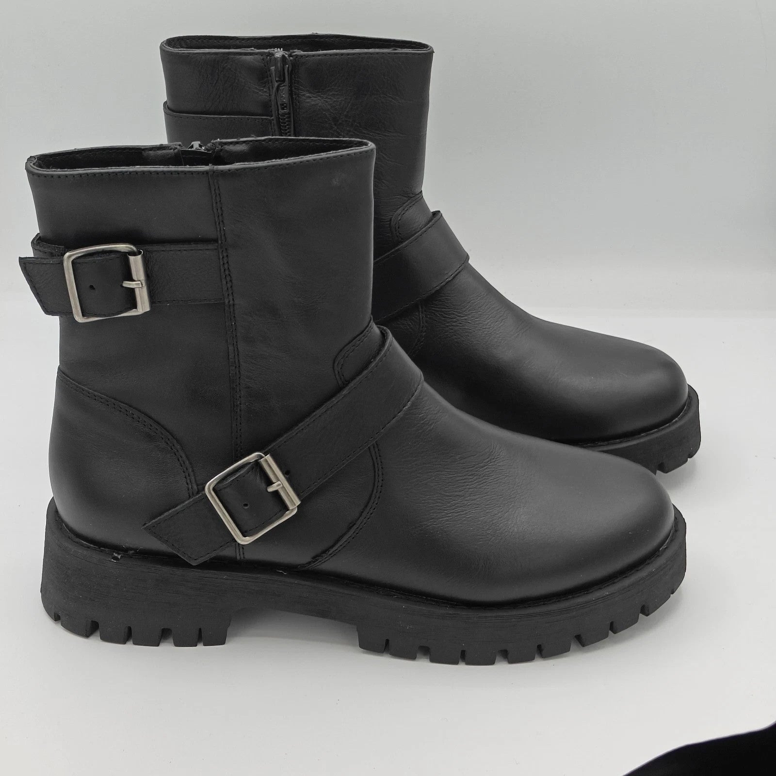 Steve Madden Crusader Leather Combat Boots Women's 8 Black Goth Biker Lug Sole