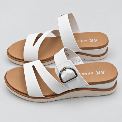 Anne Klein Lalasa Womens White Buckle Slide Sandals iFlex Low Wedge Pick Size