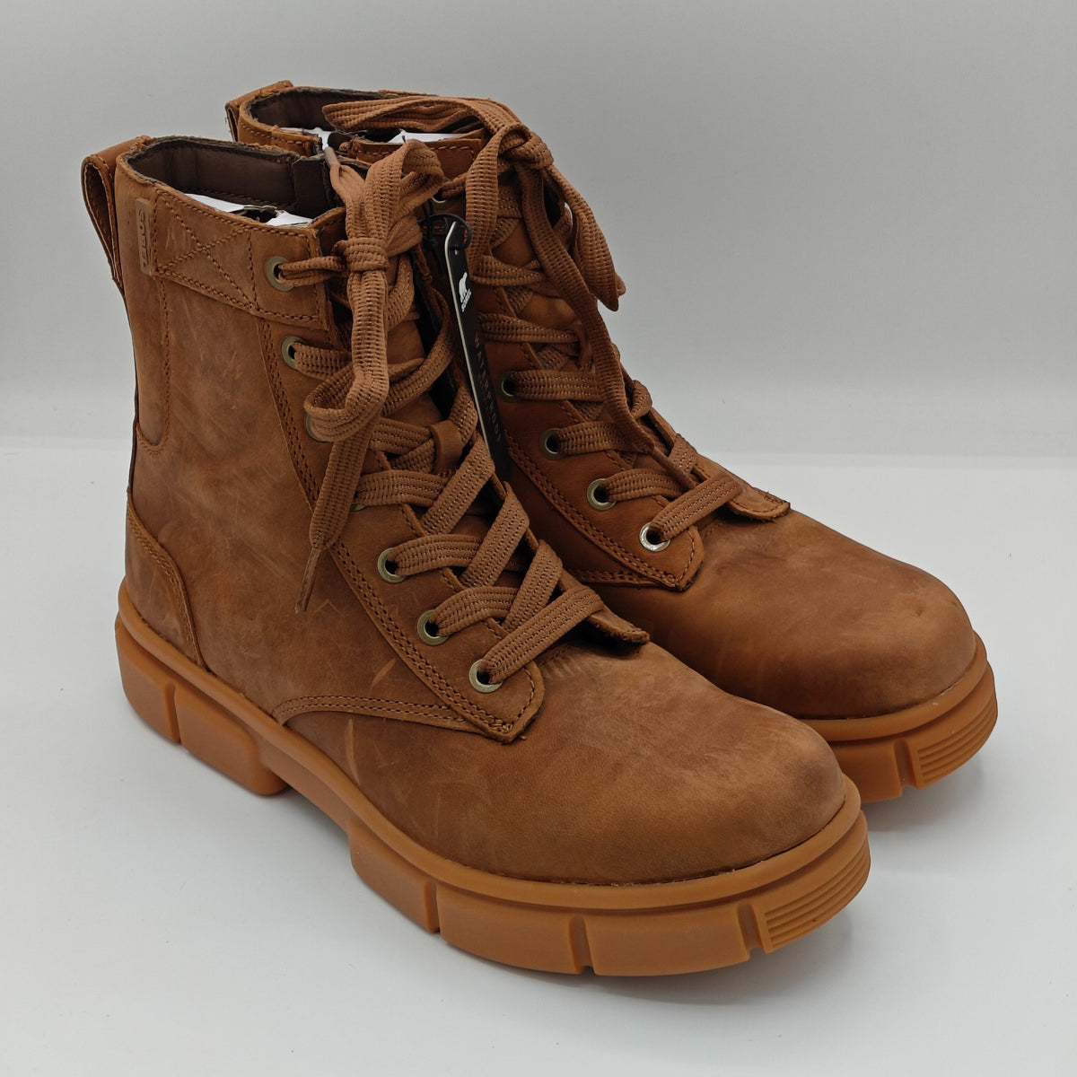 SOREL Explorer STRT Waterproof Lace Boots Leather Side Zip Velvet Tan Gum 2 9, 8
