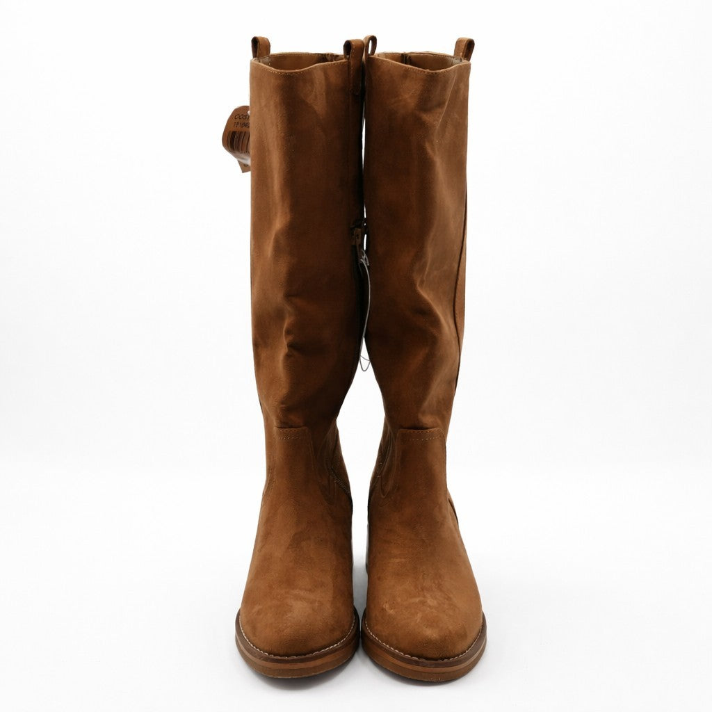 Kensie Women's Naya Knee High Boots Sand Faux Leather Side Zip Block Heel