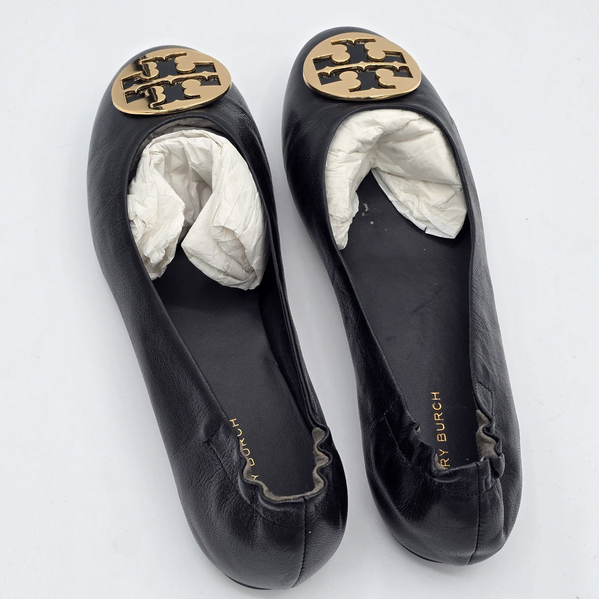 Tory Burch Claire Ballet Flats Women's Leather Black Gold Logo Size 9