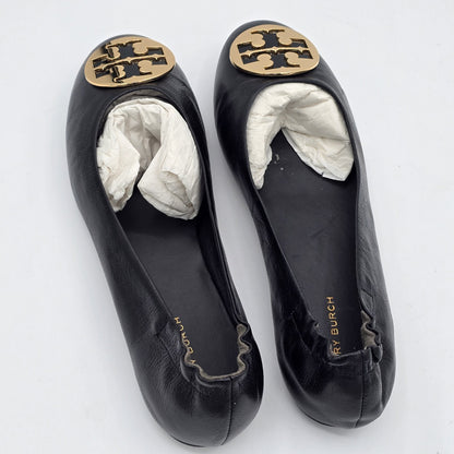 Tory Burch Claire Ballet Flats Women's Leather Black Gold Logo Size 9
