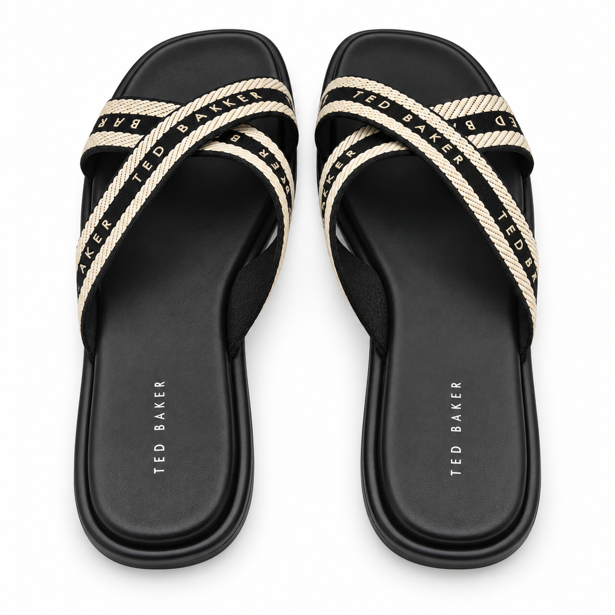 Ted Baker Womens Slide Sandals Size 10 Black Ivory Criss Cross Logo Flat Shoes