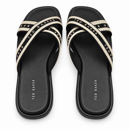 Ted Baker Womens Slide Sandals Size 10 Black Ivory Criss Cross Logo Flat Shoes