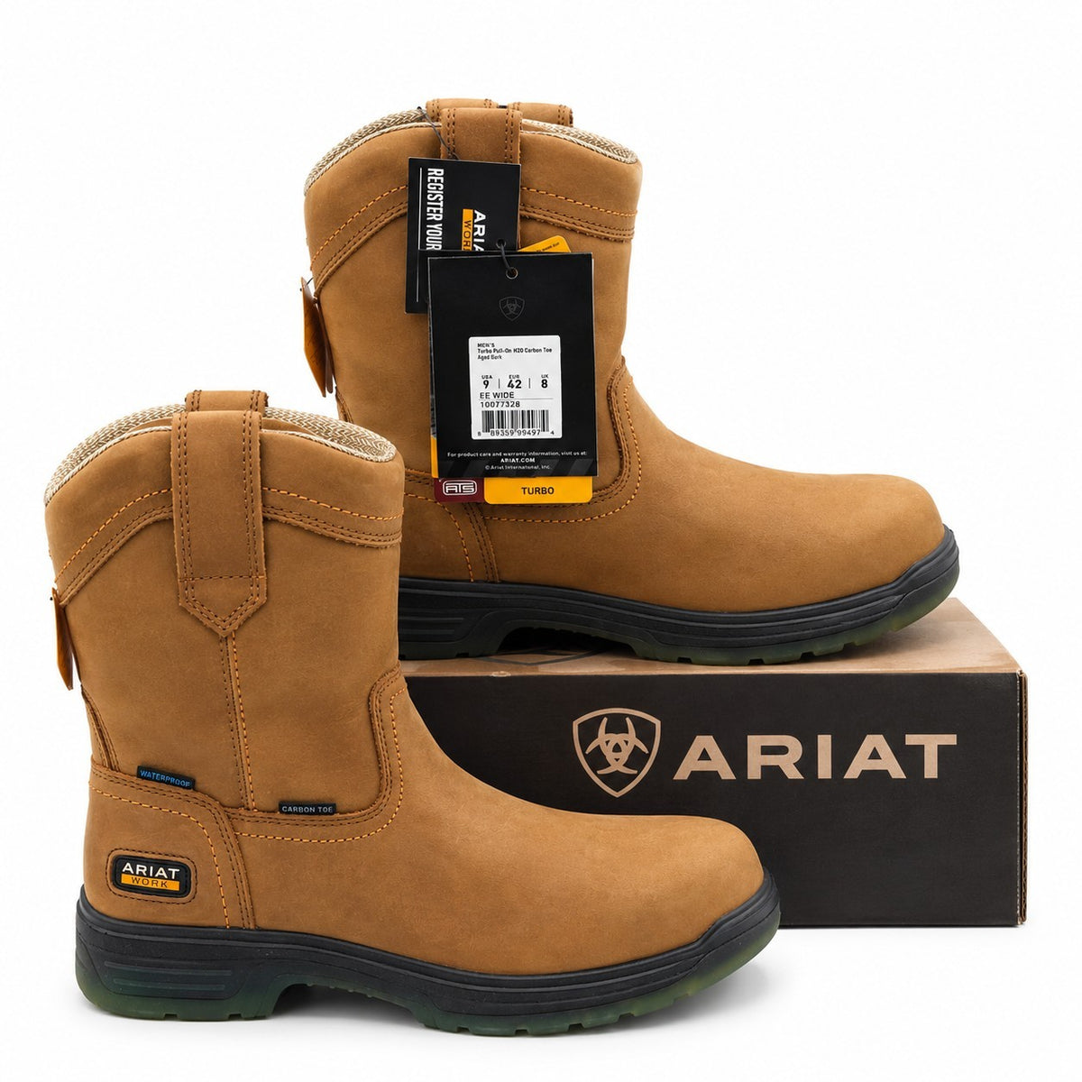 Ariat(R) Turbo Waterproof Carbon Toe Work Boots Men's 9 EE Wide Brown 10027328