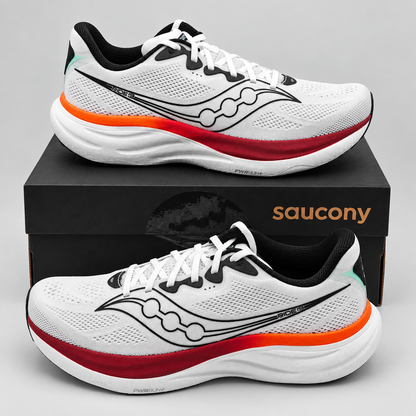 Saucony Ride 19 Mens 11 White Crimson PWRRUN+ Neutral Road Running Mesh Sneakers