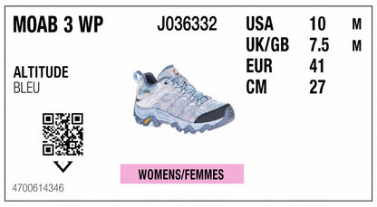 Merrell "Moab 3 WP" Women's Waterproof Stability Hiking & Work Shoe BLEU Size 10