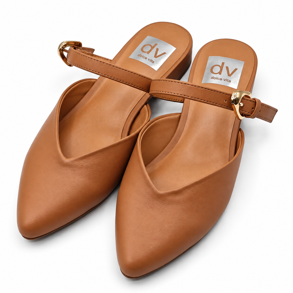DV Dolce Vita Womens US 6 Tan Pointed Toe Mule Flats Buckle Strap Slip On Shoes