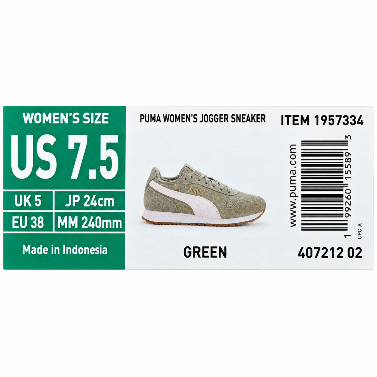 PUMA Women's Jogger Sneakers Green White Retro Casual Walking Shoes 7.5 407212