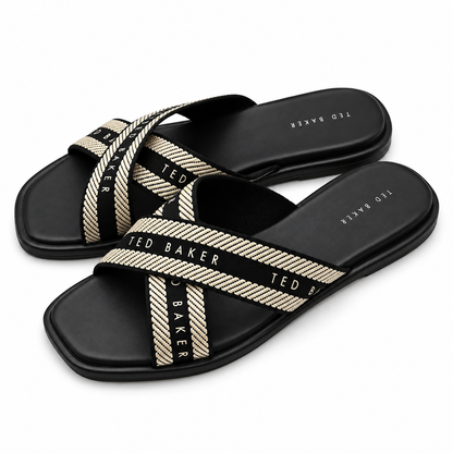 Ted Baker Womens Slide Sandals Size 10 Black Ivory Criss Cross Logo Flat Shoes