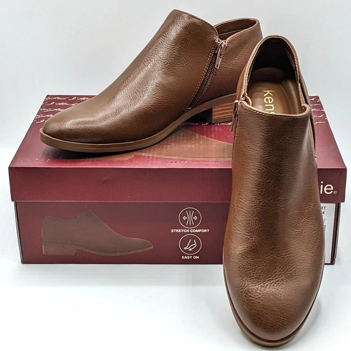 Kensie "Sammy" Faux Pebbled Leather w/ Block Heel & Side Zip Closure (Brown) NEW