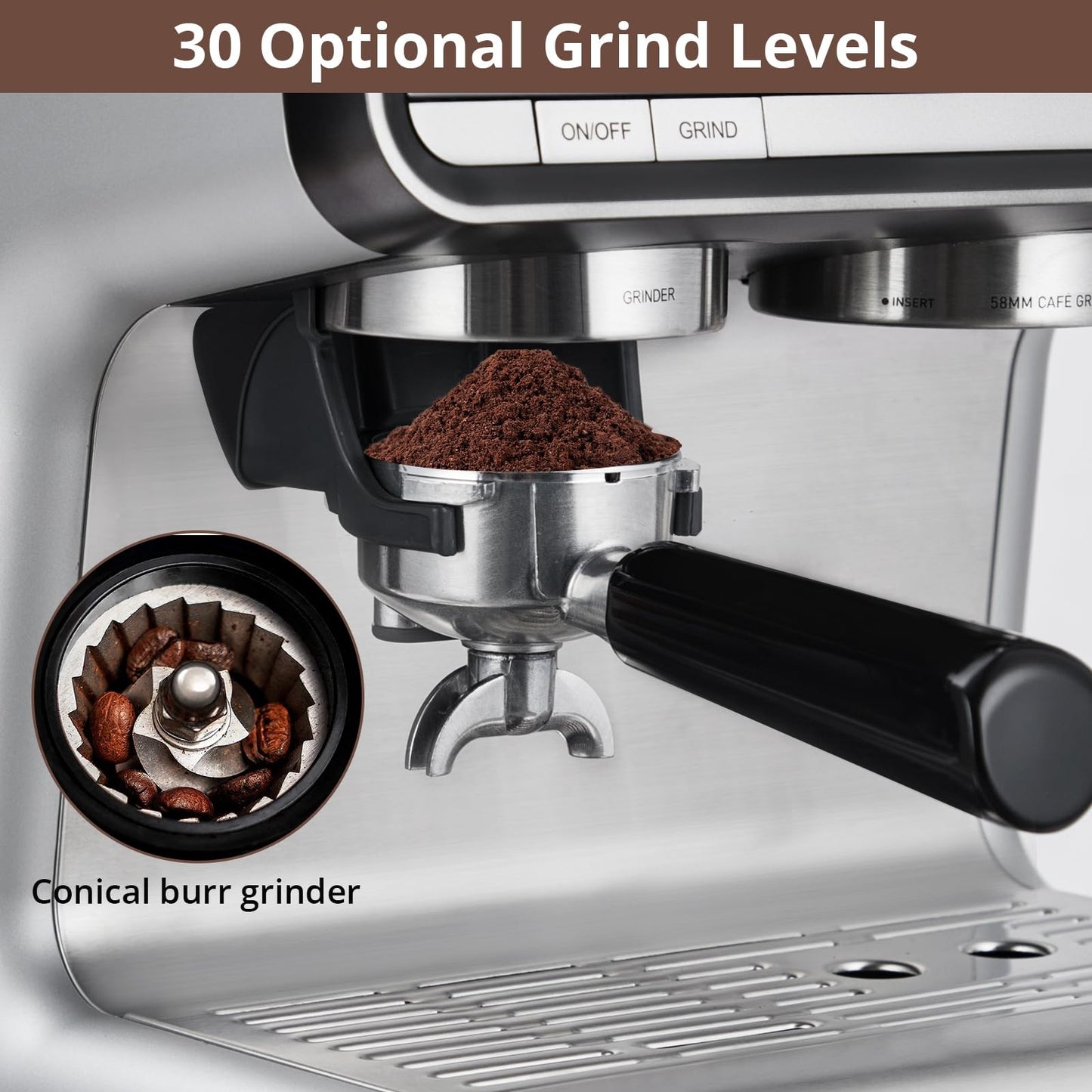 20 Bar Espresso Machine with Grinder Milk Frother Steam Wand 30 Grind Settings
