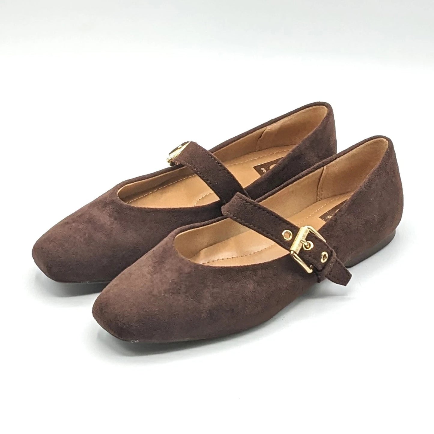 dv by Dolce Vita "Ballet Flat" Faux Suede Brass Buckle Foam Insole (Brown) NEW