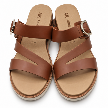 Anne Klein Lalasa Womens Cognac Buckle Slide Sandals iFlex Low Wedge Pick Size