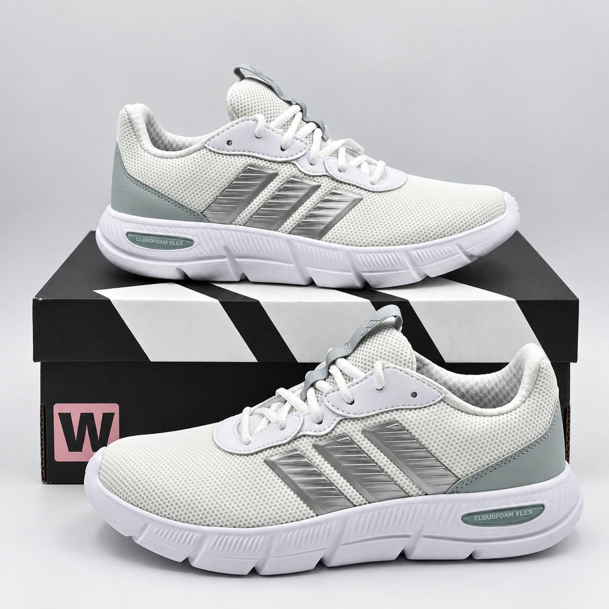 adidas Cloudfoam Flex Laces Women Wide White Gray Walking Shoes JS4891 Pick Size