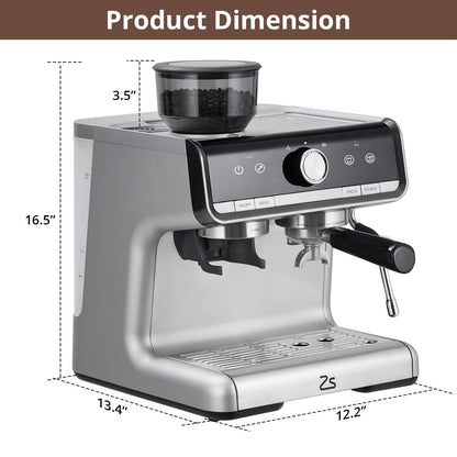 20 Bar Espresso Machine with Grinder Milk Frother Steam Wand 30 Grind Settings
