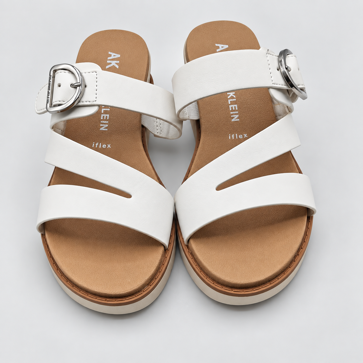 Anne Klein Lalasa Womens White Buckle Slide Sandals iFlex Low Wedge Pick Size