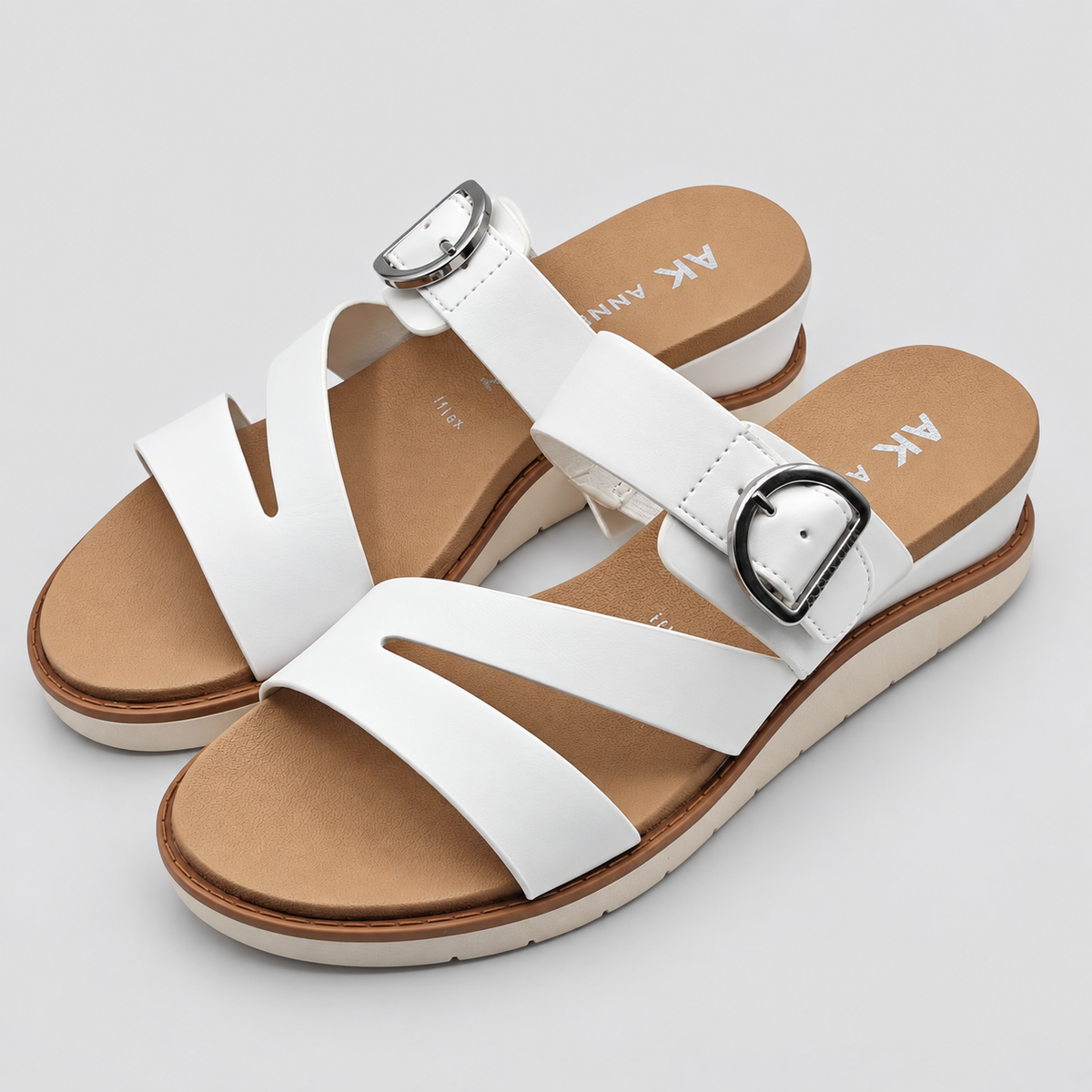 Anne Klein Lalasa Womens White Buckle Slide Sandals iFlex Low Wedge Pick Size