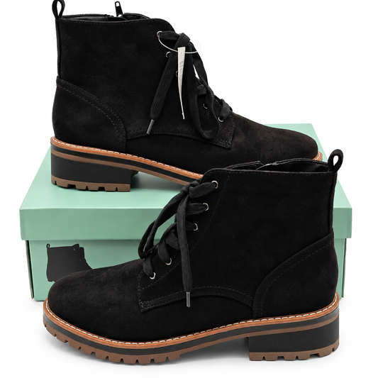 Kensie Kashia Kasha Combat Boots Women 9 Black Faux Suede Lace Up Side Zip Lug
